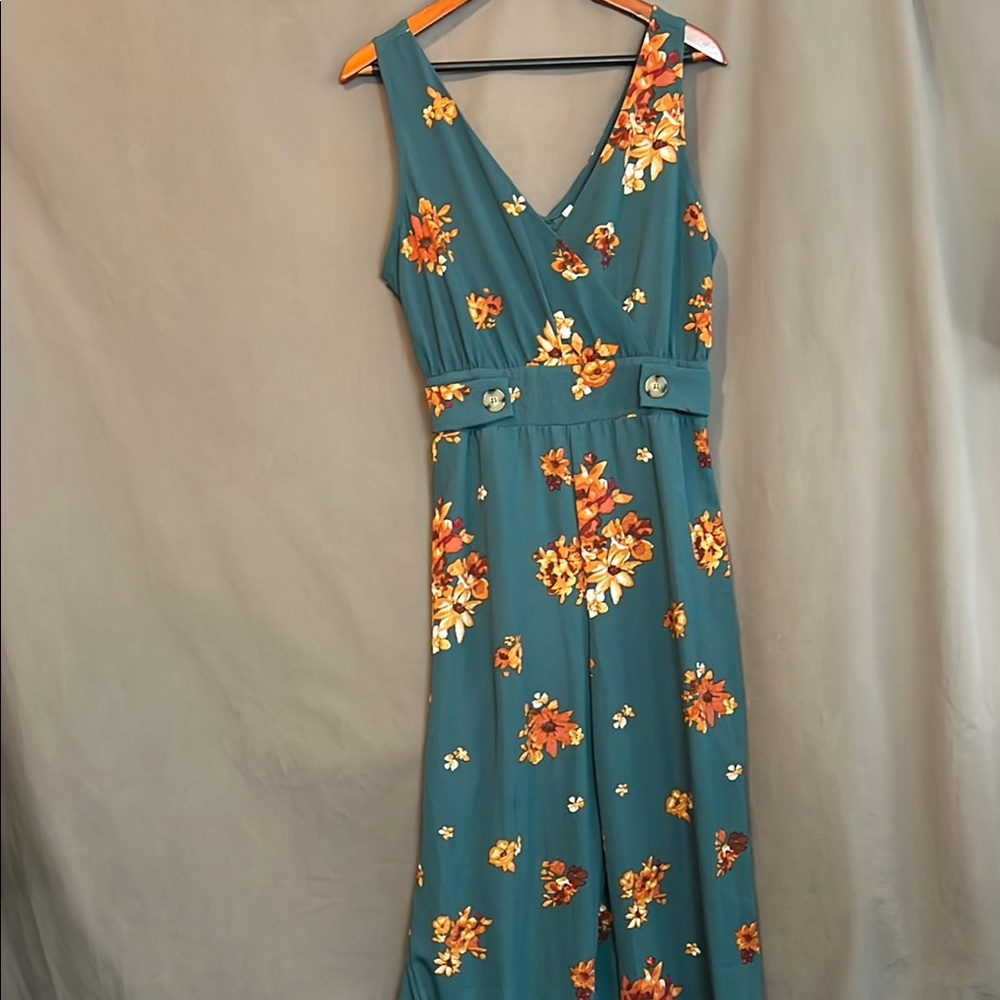 Floral Teal Sleeveless Wide Leg Jumpsuit